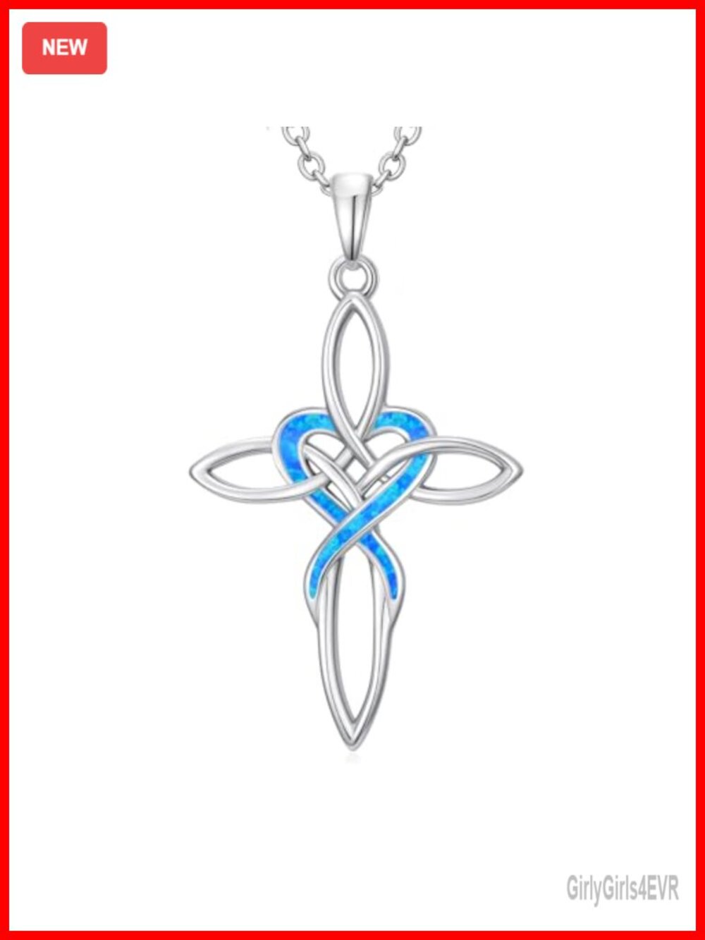 Celtic Knot Cross Pendant Necklace with Opal Heart Accent, Base Metal with